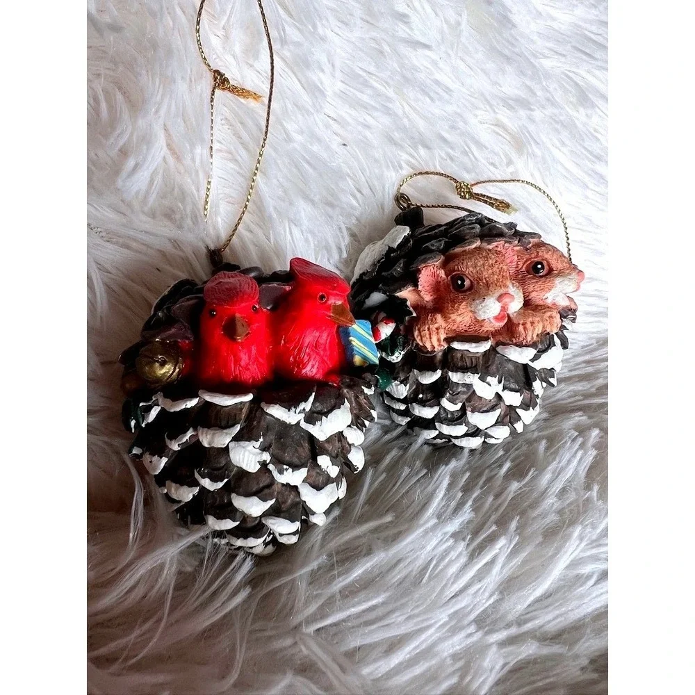 Pine Cone Christmas Ornaments Set 2 Cardinal Mice Snow Woodland Charm Forest